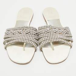 مملوكة مسبقًا Gina Silver Leather Crystal Embellished Leather Loren Flat Sandals Size 39.5