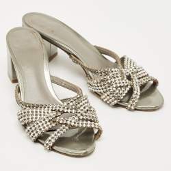 Pre Owned Gina Metallic Grey Patent Crystal Embellished Leather Slide Sandals Size 38.5