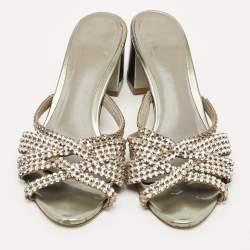 Pre Owned Gina Metallic Grey Patent Crystal Embellished Leather Slide Sandals Size 38.5