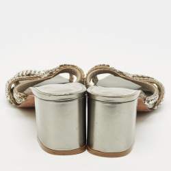 Pre Owned Gina Metallic Grey Patent Crystal Embellished Leather Slide Sandals Size 38.5