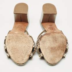 Pre Owned Gina Metallic Grey Patent Crystal Embellished Leather Slide Sandals Size 38.5