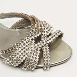 Pre Owned Gina Metallic Grey Patent Crystal Embellished Leather Slide Sandals Size 38.5