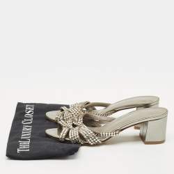 Pre Owned Gina Metallic Grey Patent Crystal Embellished Leather Slide Sandals Size 38.5