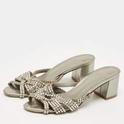 Pre Owned Gina Metallic Grey Patent Crystal Embellished Leather Slide Sandals Size 38.5