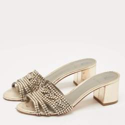 مملوكة مسبقًا Gina Metallic Gold Leather Crystal Embellished Slide Sandals Size 39.5