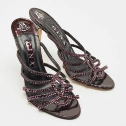 Pre Owned Gina Purple Leather Crystal Embellished Slide Sandals Size 39.5