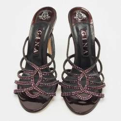 Pre Owned Gina Purple Leather Crystal Embellished Slide Sandals Size 39.5