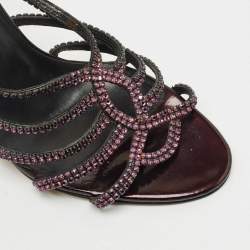 Pre Owned Gina Purple Leather Crystal Embellished Slide Sandals Size 39.5