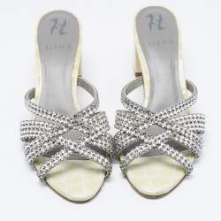 Pre Owned Gina Yellow/Grey Croc Embossed Patent Leather Dexie Slide Sandals Size 38.5