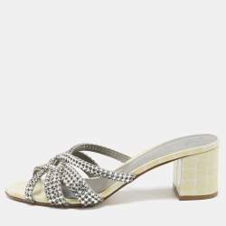 Pre Owned Gina Yellow/Grey Croc Embossed Patent Leather Dexie Slide Sandals Size 38.5