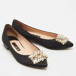 Pre Owned Gina Black Satin Crystal Embellished Ballet Flats Size 38
