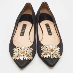 Pre Owned Gina Black Satin Crystal Embellished Ballet Flats Size 38