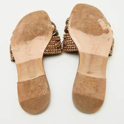 Pre Owned Gina Brown Leather Crystal Embellished Flat Slide Sandals Size 38.5