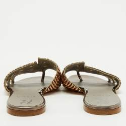 Pre Owned Gina Brown Leather Crystal Embellished Flat Slide Sandals Size 38.5