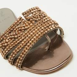 Pre Owned Gina Brown Leather Crystal Embellished Flat Slide Sandals Size 38.5