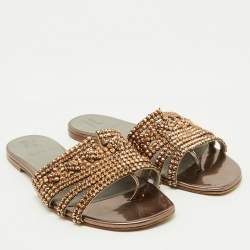 Pre Owned Gina Brown Leather Crystal Embellished Flat Slide Sandals Size 38.5