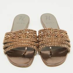 Pre Owned Gina Brown Leather Crystal Embellished Flat Slide Sandals Size 38.5