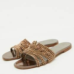 Pre Owned Gina Brown Leather Crystal Embellished Flat Slide Sandals Size 38.5