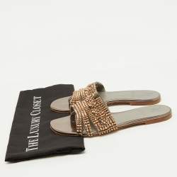 Pre Owned Gina Brown Leather Crystal Embellished Flat Slide Sandals Size 38.5