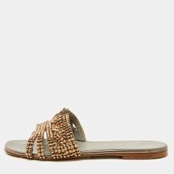 Pre Owned Gina Brown Leather Crystal Embellished Flat Slide Sandals Size 38.5