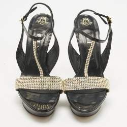 Pre Owned Gina Black Patent Leather Crystal Embellished T-Strap Sandals Size 40