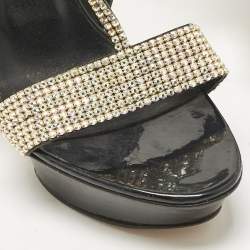 Pre Owned Gina Black Patent Leather Crystal Embellished T-Strap Sandals Size 40