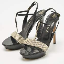 Pre Owned Gina Black Patent Leather Crystal Embellished T-Strap Sandals Size 40