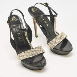 Pre Owned Gina Black Patent Leather Crystal Embellished T-Strap Sandals Size 40