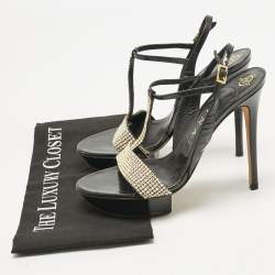 Pre Owned Gina Black Patent Leather Crystal Embellished T-Strap Sandals Size 40