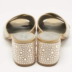 Pre Owned Gina Beige Patent Leather Crisscross Crystal Embellished Block Heel Sandals Size 37.5