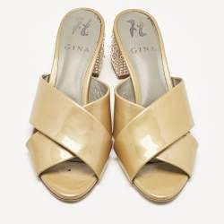 Pre Owned Gina Beige Patent Leather Crisscross Crystal Embellished Block Heel Sandals Size 37.5