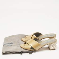 Pre Owned Gina Beige Patent Leather Crisscross Crystal Embellished Block Heel Sandals Size 37.5
