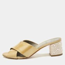 Pre Owned Gina Beige Patent Leather Crisscross Crystal Embellished Block Heel Sandals Size 37.5