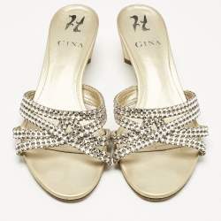 مملوكة مسبقًا صندل سلايد جينا جلد ذهبي مزخرف كريستال مقاس 40