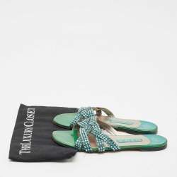 Pre Owned Gina Green Crystals and Leather Slide Sandals Size 38