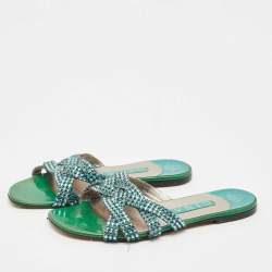 Pre Owned Gina Green Crystals and Leather Slide Sandals Size 38