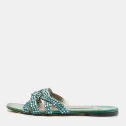 Pre Owned Gina Green Crystals and Leather Slide Sandals Size 38