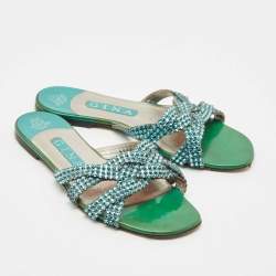 Pre Owned Gina Green Crystals and Leather Slide Sandals Size 38
