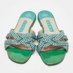 Pre Owned Gina Green Crystals and Leather Slide Sandals Size 38