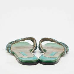 Pre Owned Gina Green Crystals and Leather Slide Sandals Size 38