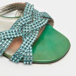 Pre Owned Gina Green Crystals and Leather Slide Sandals Size 38