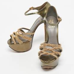 Pre Owned Gina Green Patent Leather Crystal Embellished Ankle Strap Platform Sandals Size 38