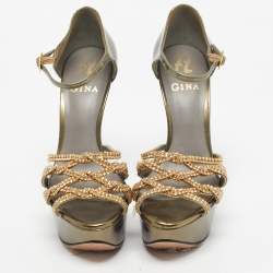 Pre Owned Gina Green Patent Leather Crystal Embellished Ankle Strap Platform Sandals Size 38