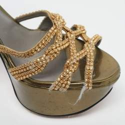 Pre Owned Gina Green Patent Leather Crystal Embellished Ankle Strap Platform Sandals Size 38