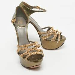 Pre Owned Gina Green Patent Leather Crystal Embellished Ankle Strap Platform Sandals Size 38