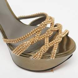 Pre Owned Gina Green Patent Leather Crystal Embellished Ankle Strap Platform Sandals Size 38