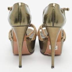 Pre Owned Gina Green Patent Leather Crystal Embellished Ankle Strap Platform Sandals Size 38