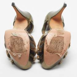 Pre Owned Gina Green Patent Leather Crystal Embellished Ankle Strap Platform Sandals Size 38