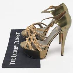 Pre Owned Gina Green Patent Leather Crystal Embellished Ankle Strap Platform Sandals Size 38