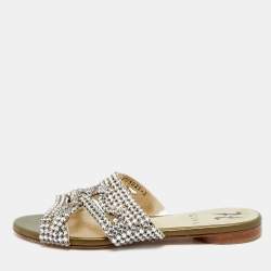 Pre Owned Gina Silver Crystal Embellished Leather Flat Slides Size 36